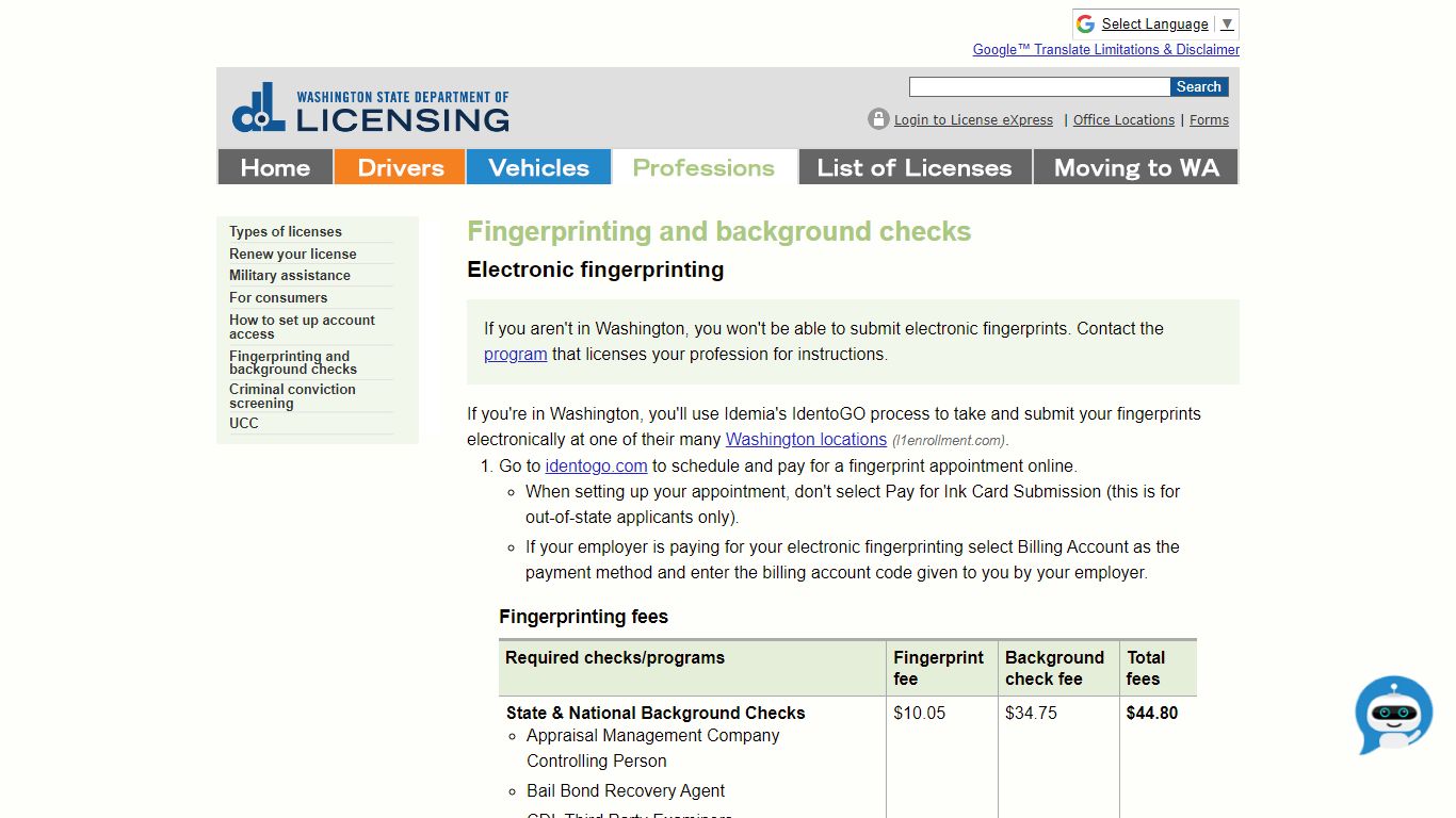 Fingerprinting and background checks - Washington